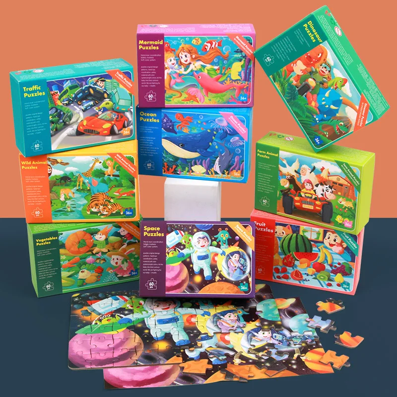 60-Piece Paper Jigsaw Puzzle Cartoon Animal Fruit Puzzles for Kids Educational Learning Toys Children Montessori Games