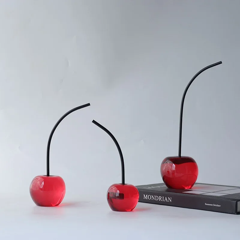 Creative Red Cherry Ornament Artificial Fruit Sculpture Red Clear Apple Cherry Decorative Figurines Home Decoration Accessories