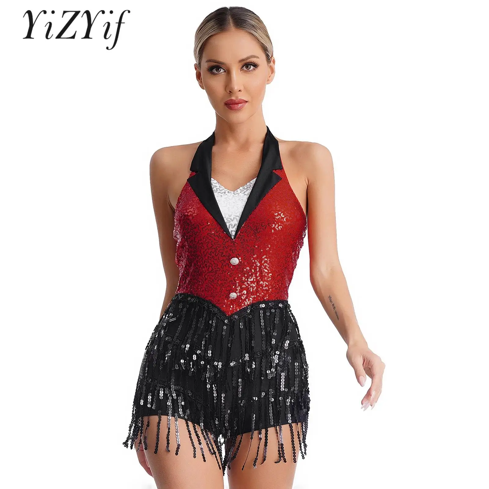 

Женский трико для джазовых танцев, костюм-смокинг без рукавов, блестящий костюм для выступлений, костюм для танцев