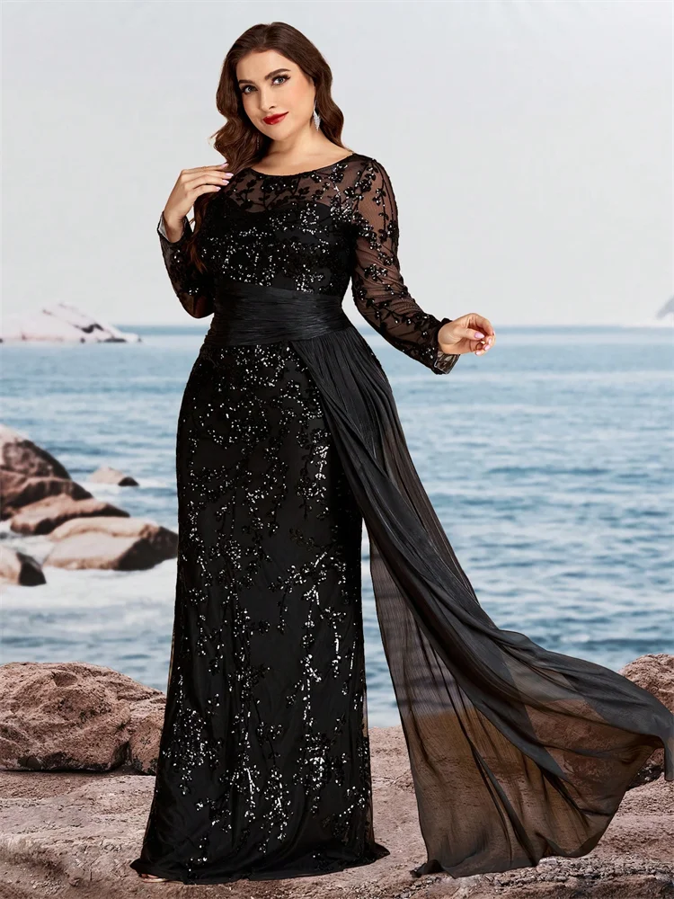 Lucyinlove Plus Size Elegant Long Sleeves Sequins Patchwork Ribbon Pleats Formal Evening Dresses Luxury Mermaid Party Gown Prom view 3