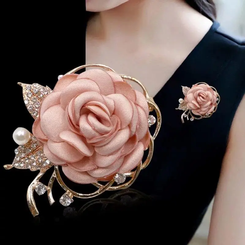 Upscale Pearl Women's Fashion Accessory; Retro Fabric Rose Flower Brooch Pin for Garments.