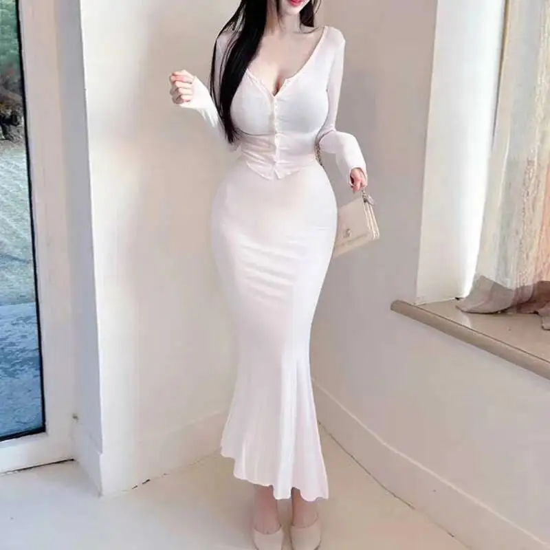 Korean Slim Sexy Chest-Enhancing Tight Short Long-Sleeve Cardigan + Mermaid Half Two Piece Skirt Set For Women Skirts Set LW8W