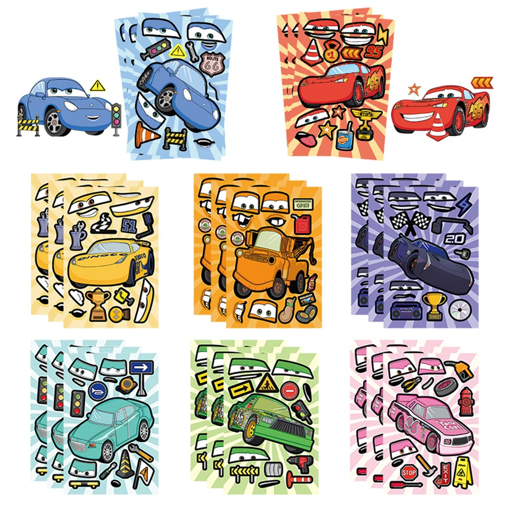 

8/16sheets Funny Disney Anime Cars Puzzle Stickers Cartoon Lightning McQueen Make a Face DIY Assemble Jigsaw Decals Decoration
