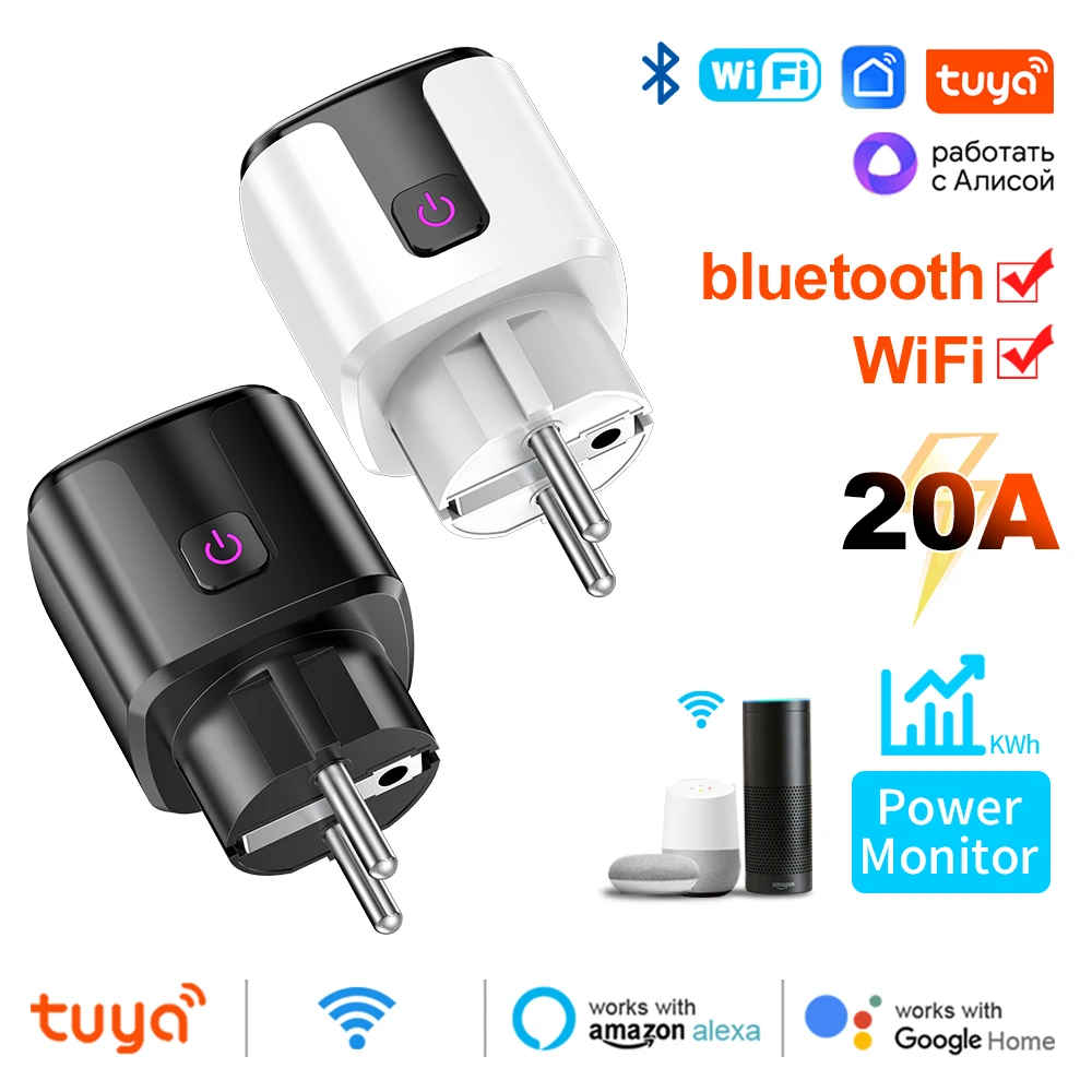 Tuya Smart 20A EU Plug WiFi+Bluetooth Socket With Power Monitoring Timer Outlet Voice Control Work for Google Home Alice Alexa