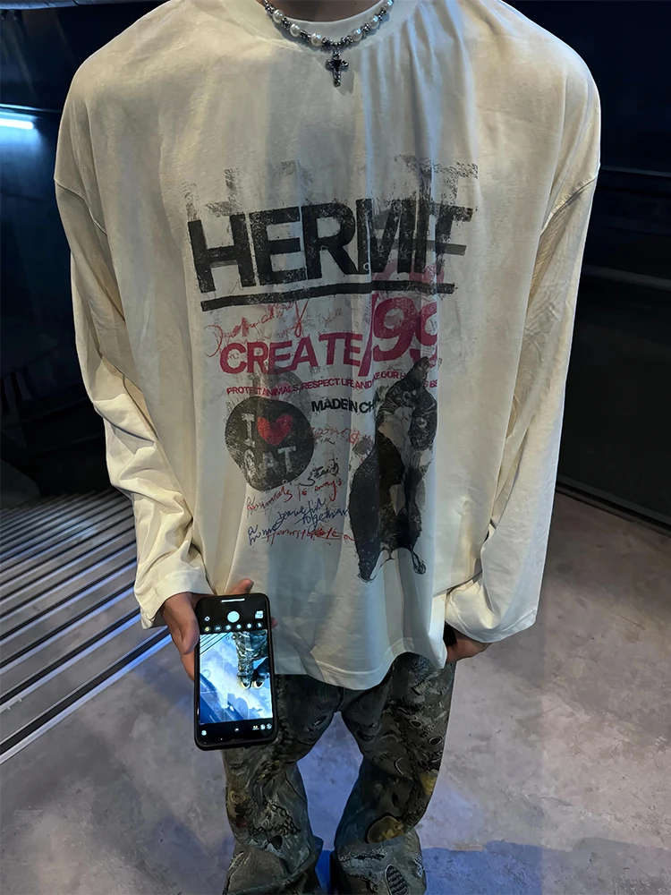 الشارع الشهير تي شيرت Y2K القط رسالة الرجعية الجرافيك طباعة المتضخم التي شيرت رجل إمرأة جولة الرقبة قميص قطني بكم طويل بلايز الخريف #4