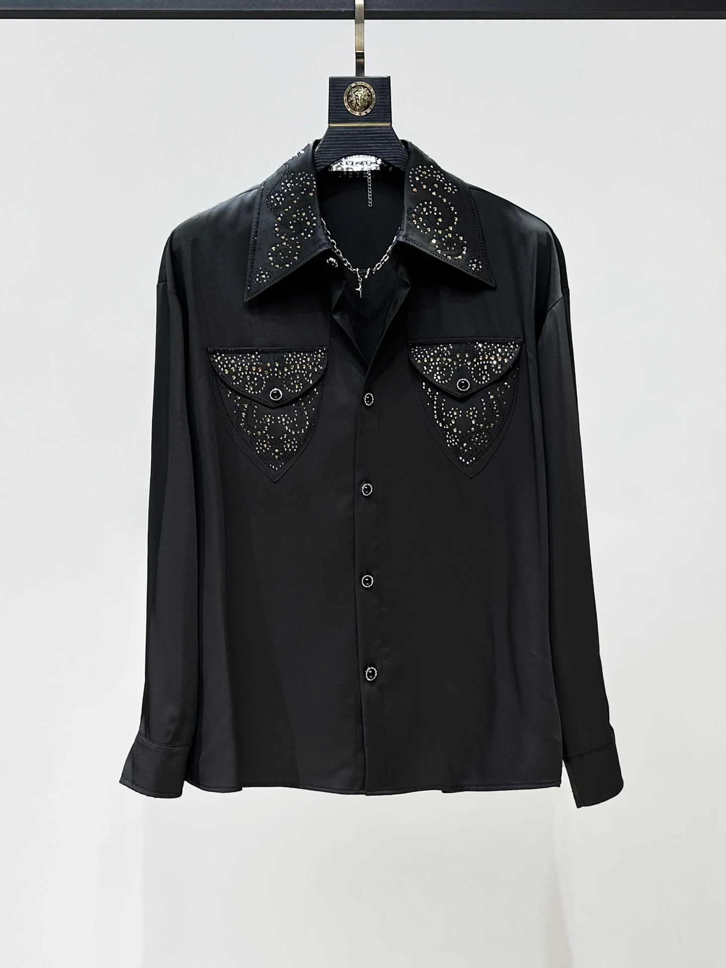 

Heavy Du Rhinestone Men's irt Loose Casual Long Sve Faionable Korean Sle Polyester Fiber Autumn Season Youth