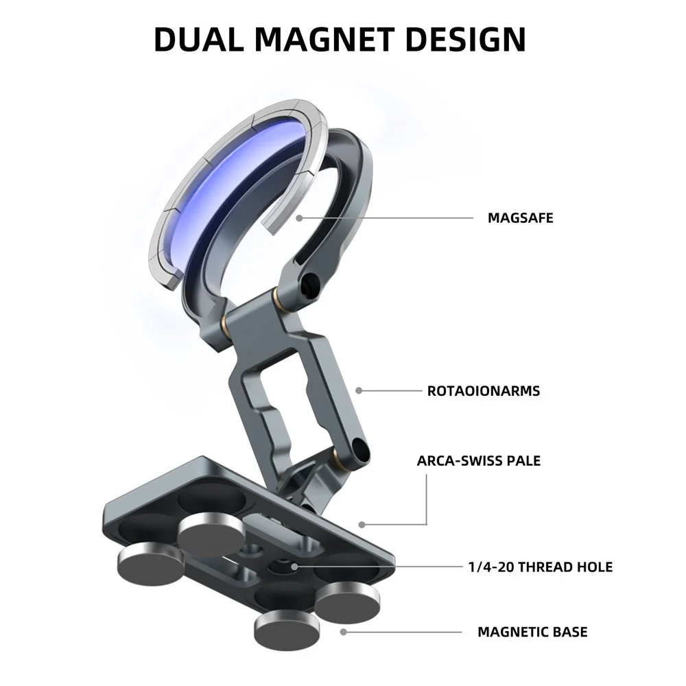 Soporte magnético doble para teléfono, trípode plegable para teléfono, 1/4 pulgadas y ARCA-Swiss, escritorio, gimnasio/coche/avión, soporte para Masafe, iPhone y Android