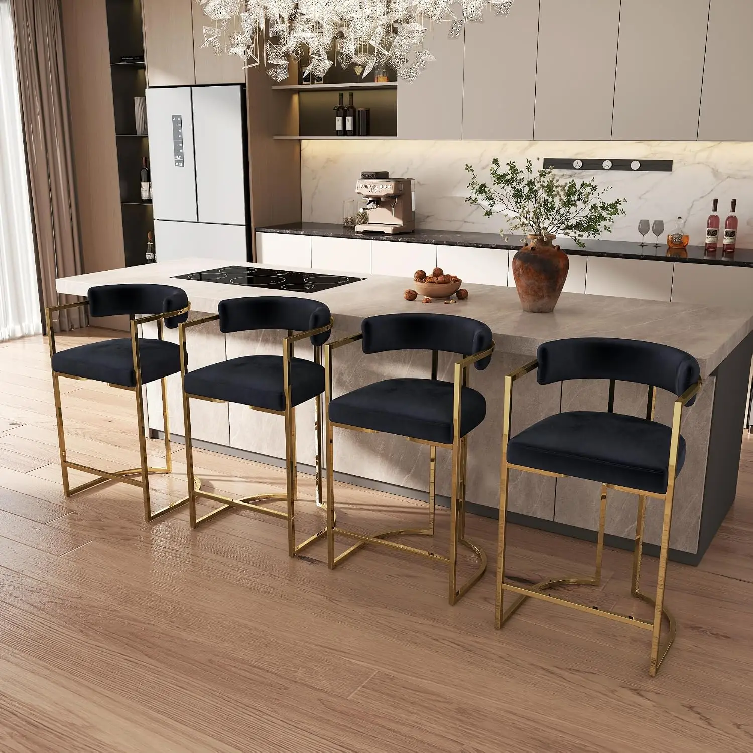 Velvet Bar Stools 4pc, 26" Barrel Counter Height Stool with Gold Legs Low Back Chair for Kitchen Cafe Pub Black, Customized - view 3