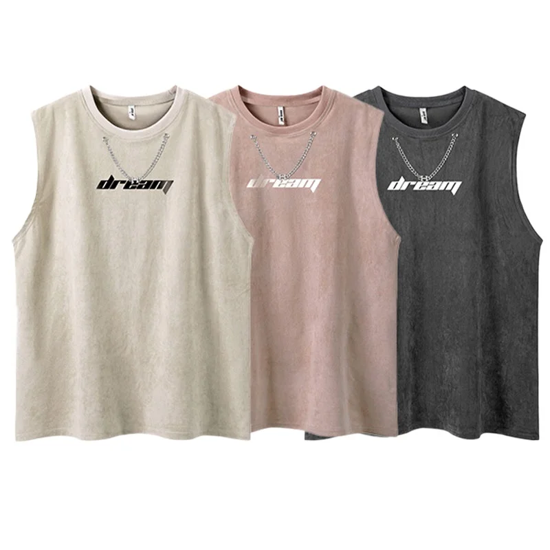 Sports Vest Pure Cotton Men's American Letter Print with Necklace Trendy Loose Couple Casual Sleeveless T-shirt Fashion Summer