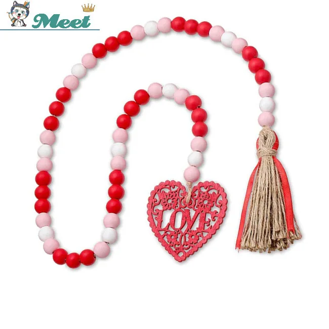 Wood  Bead  Garland With Tassel Hemp Rope Decoration Heart-shaped Ornaments Romantic Valentine Day Holiday Decoration