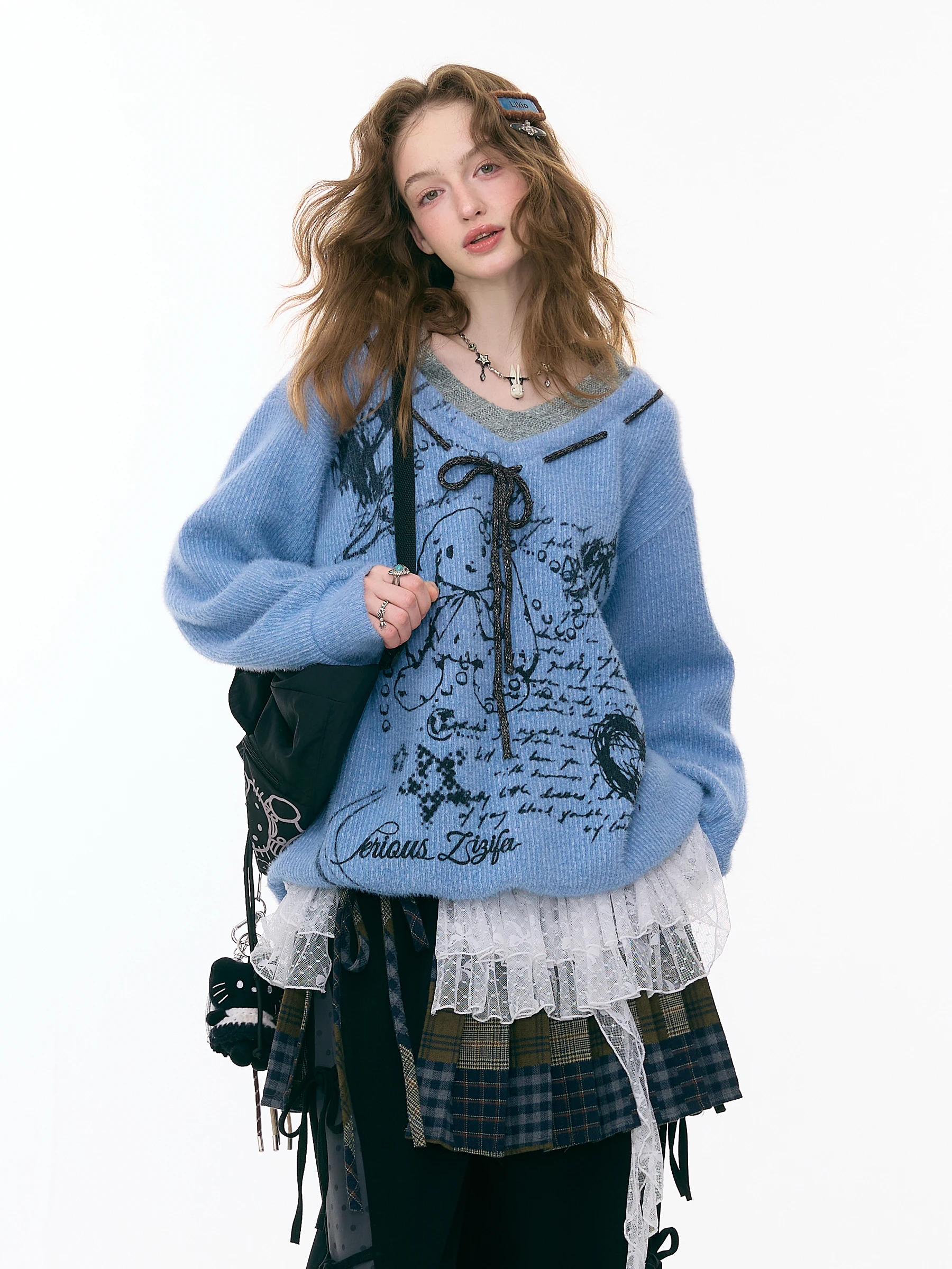 

Женский свободный вязаный свитшот ZiziFei с принтом кролика, V-образный вырез, длинный рукав, осень-зима, комфортный, повседневный, из полиэстера и нейлона