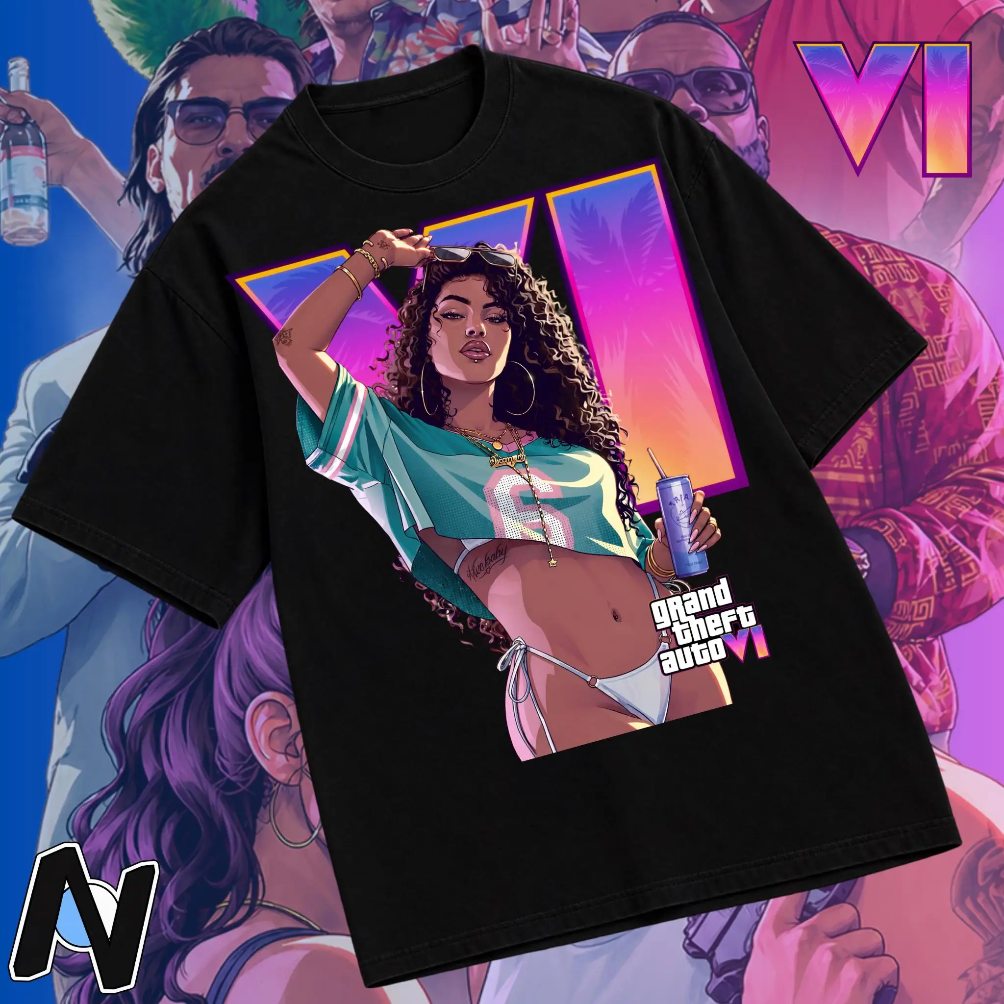 Grand Theft Auto Lucia Neon Vice City Tee T Shirt Men's Women's Retro Cool Graphic Print Oversized Short Sleeve Streetwear Top