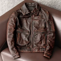 New Style Men Fashion Biker Jacket Vintage Brown 100% Natural Cowhide Motor Genuine Leather Jacket Slimfit Bomber Coat Male