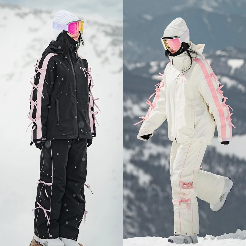 

KUFUN Ski Wear Skateboard Waterproof Windproof Lady Thickened Winter Coat Snow Jacket Bows Pants Women Sweet Black White Pink
