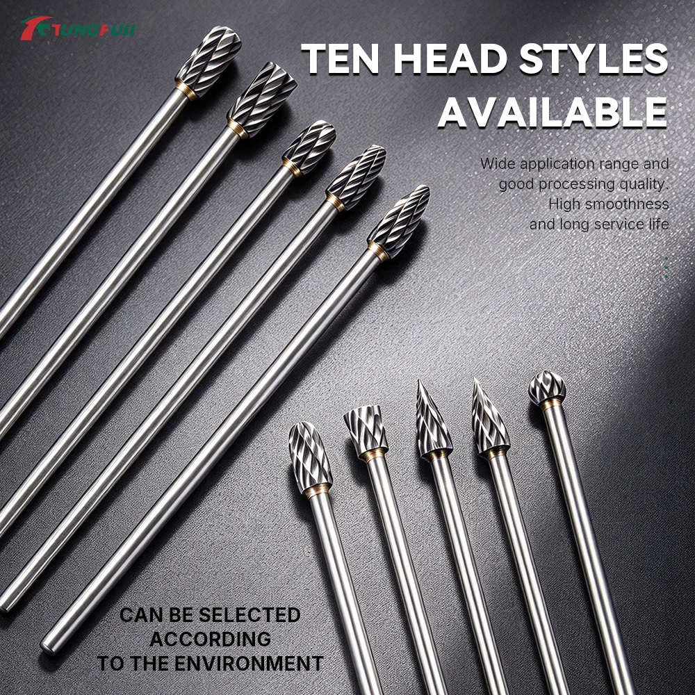 10Pcs Tungsten Carbide Rotary Burr Set, Double Cut Rotary File Bits with Dremel Shank for Metal Wood Carving Polishing