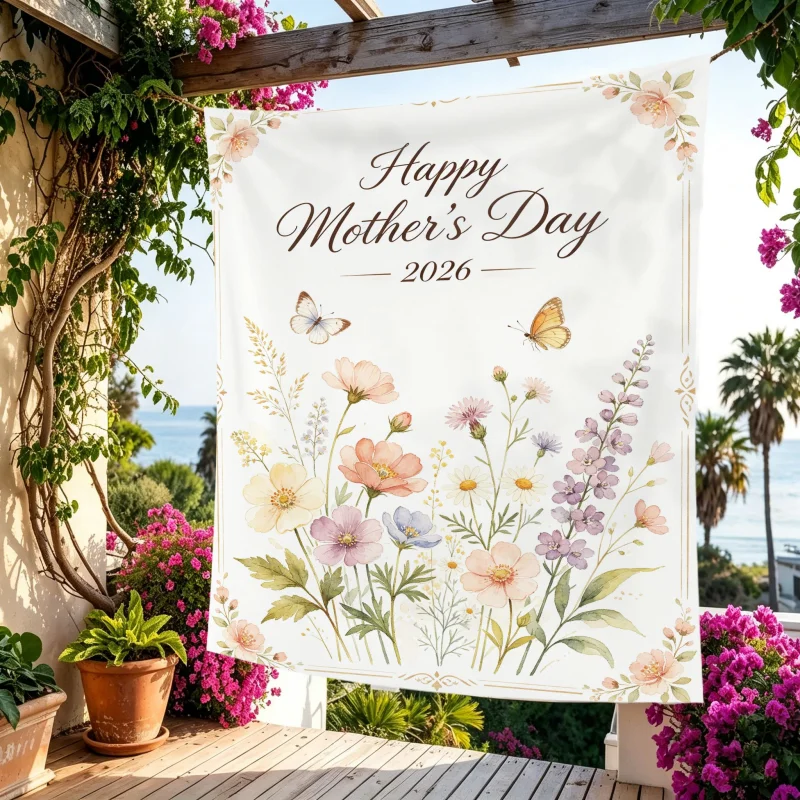 2026 Mother's Day Wildflower Meadow Tapestry, Watercolor Butterfly Polyester Wall Hanging, Love Gift for Mom