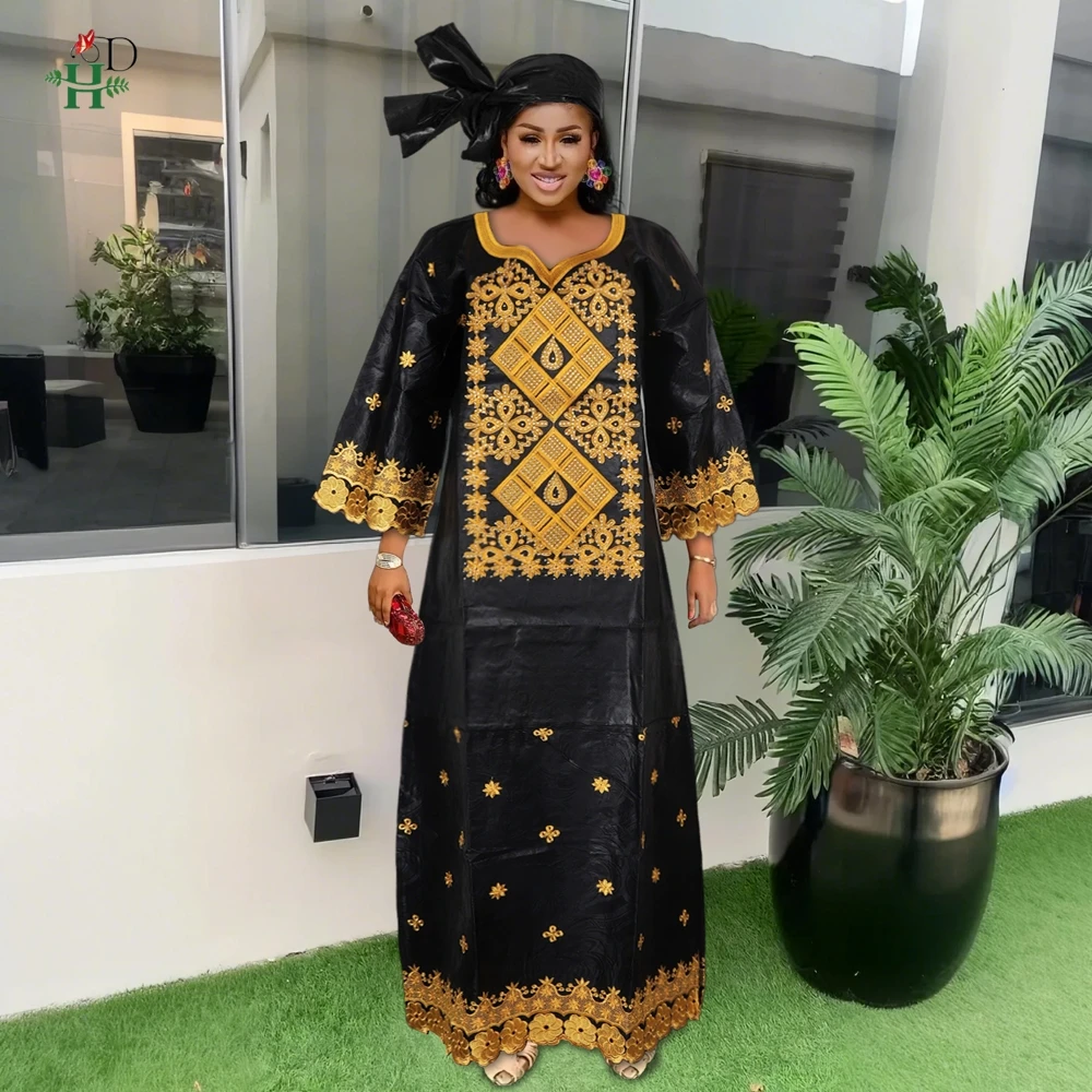 H&D African Dresses For Women Bazin Riche Tradition Embroidery Dress Wedding Robe Clothes Party Gowns Skirt 2024