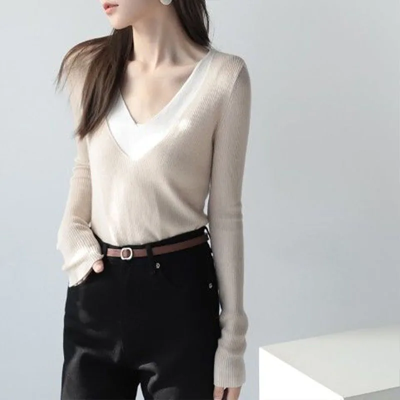 Women Clothing Elegant V-neck Pullover Autumn Winter Simplicity Cozy Sweater Lady Color Collision Chic Fake Two Pieces Knitted