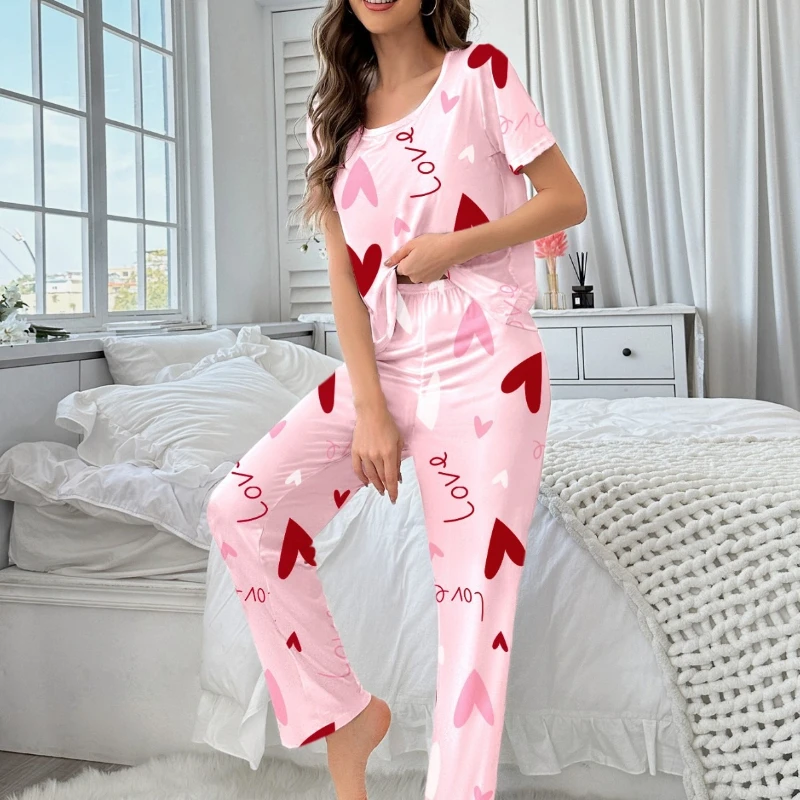 Women Pink Heart Print 2Pcs Pajama Set Short Sleeve Top Long Pants Casual Homewear Can Be Worn Out UPS Air,3-5Day Delivery