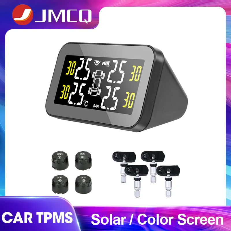 JMCQ Solar TPMS Car Tire Pressure Monitoring System Big Color Screen Intelligent Temperature Warning Fuel Save 4 Sensors