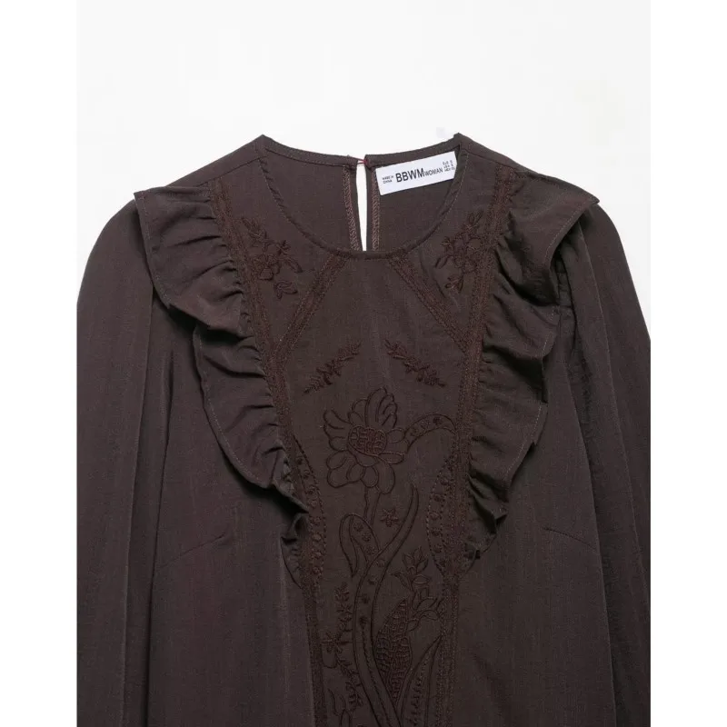 HipSeam 女性花柄刺繍シャツティアード秋 O ネック長袖女性のシャツ & ブラウスカジュアル女性トップス