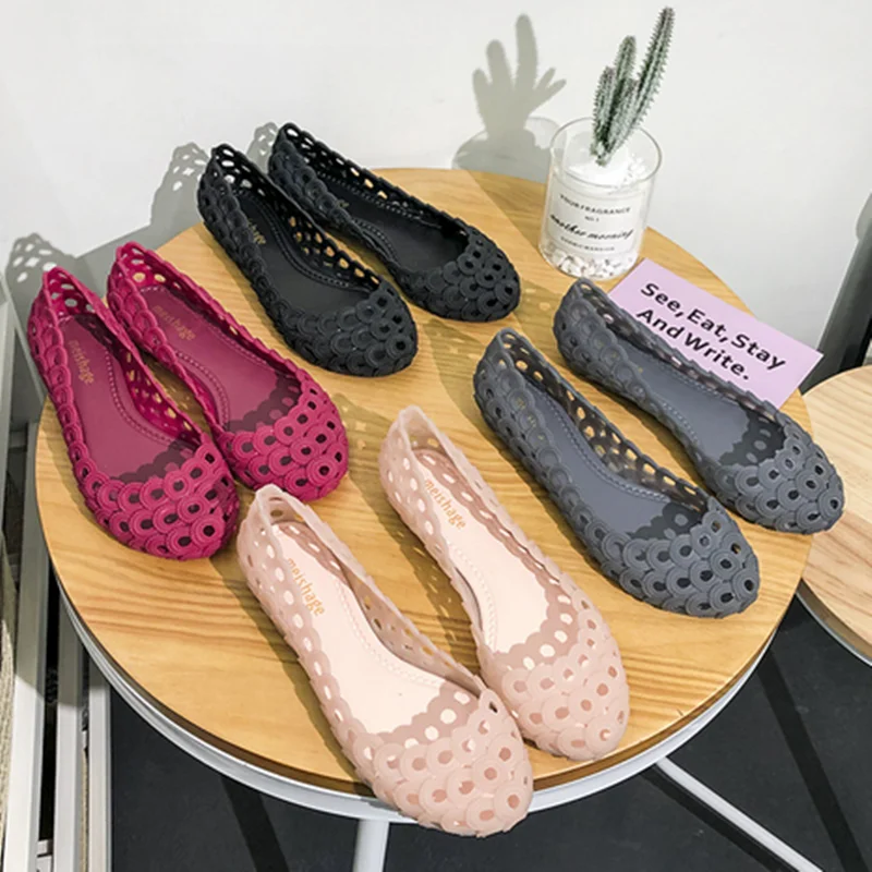 Women Low Pricing PVC Jelly Shoes Hollow Breathable Daily Outdoor Casual Chaussure Pinkish Red Round Toe Maccasines Ballet Flats