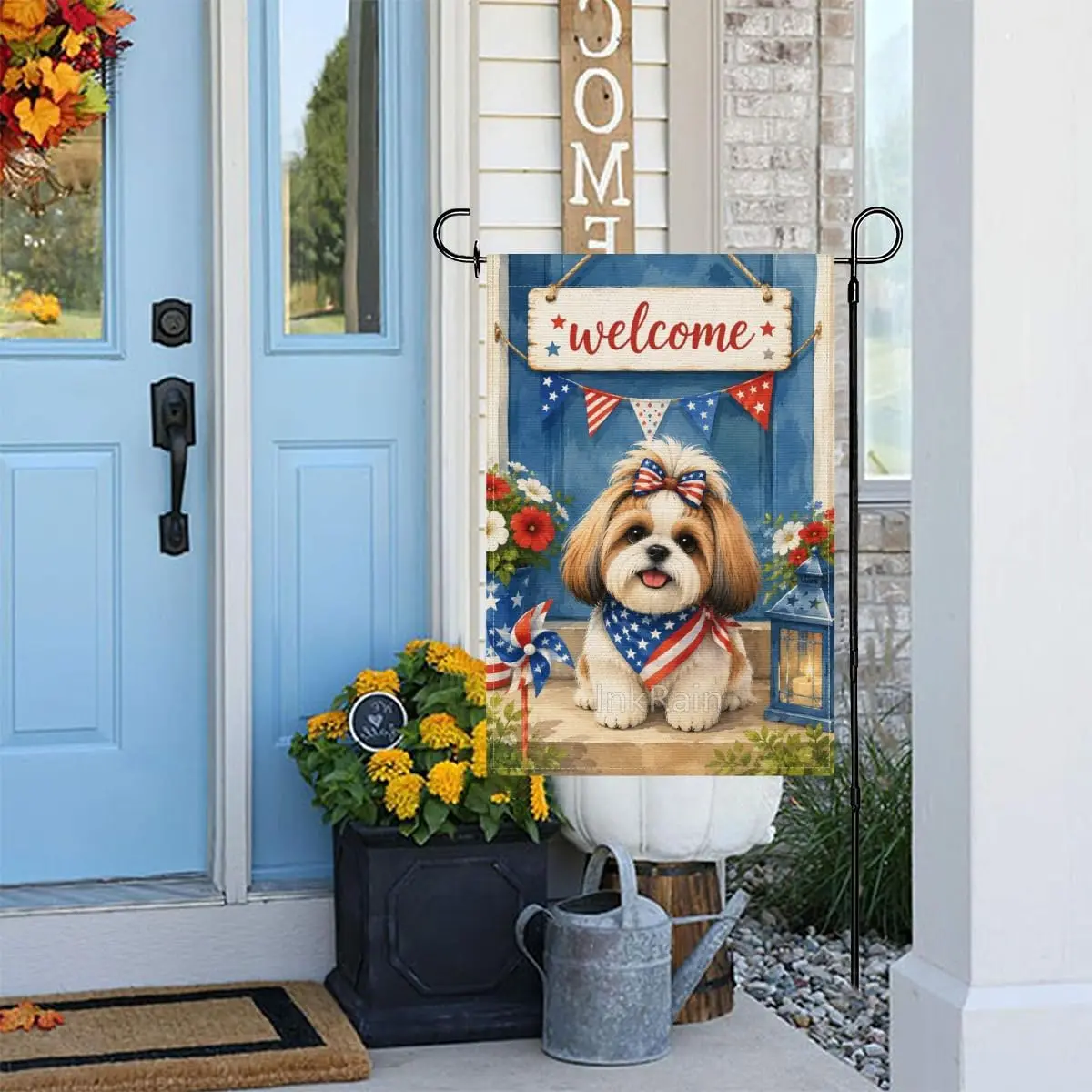 InkRain Patriotic Welcome Garden Flag 12x18 Inch, Cute Shih Tzu Dog with American Flag Bow, Watercolor Fourth of July Yard F yyi