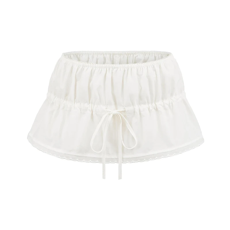 

YENKYE Sexy Low Waist Lace Trim White Skirt Women Bow Drawstring Holiday Summer Mini Skirts