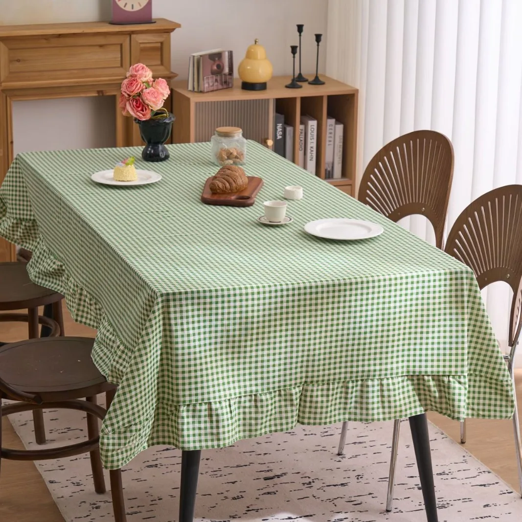French Retro Plaid Rectangular Tablecloth Print Lotus Leaf Edge Round Table Cloth Vibes Dining Table Decor Living Room Textile