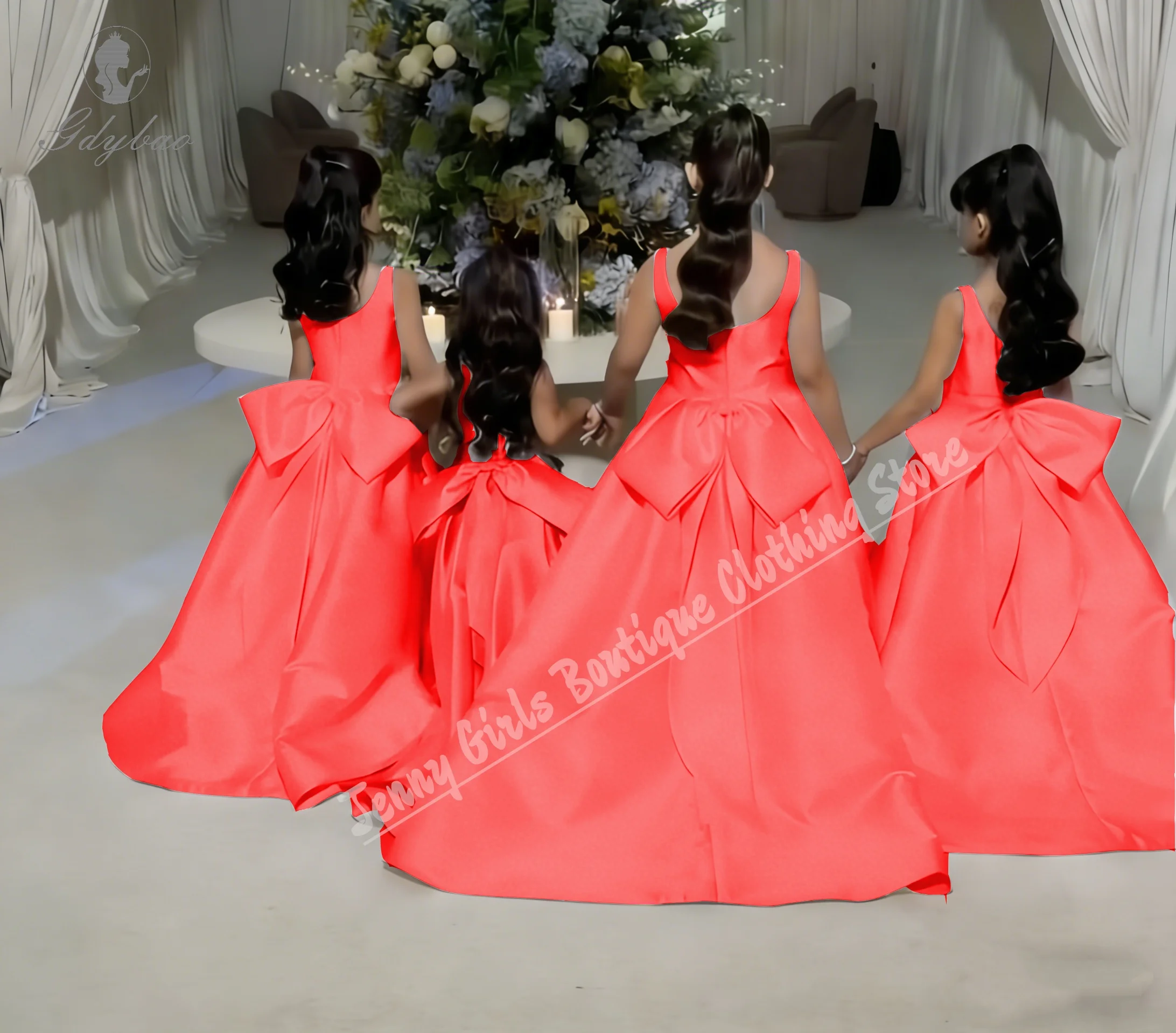 Custom Satin Cute Toddler Children's Beauty Pageant Dress with Bow Strap Wedding Dress Kids Ball 1st Communion Gown