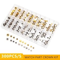 300PCS Watch Crown Set Parts Replacement Assorted Gold & Silver Dome Flat Head Watch Accessories Repair Tool Kit for Watchmaker