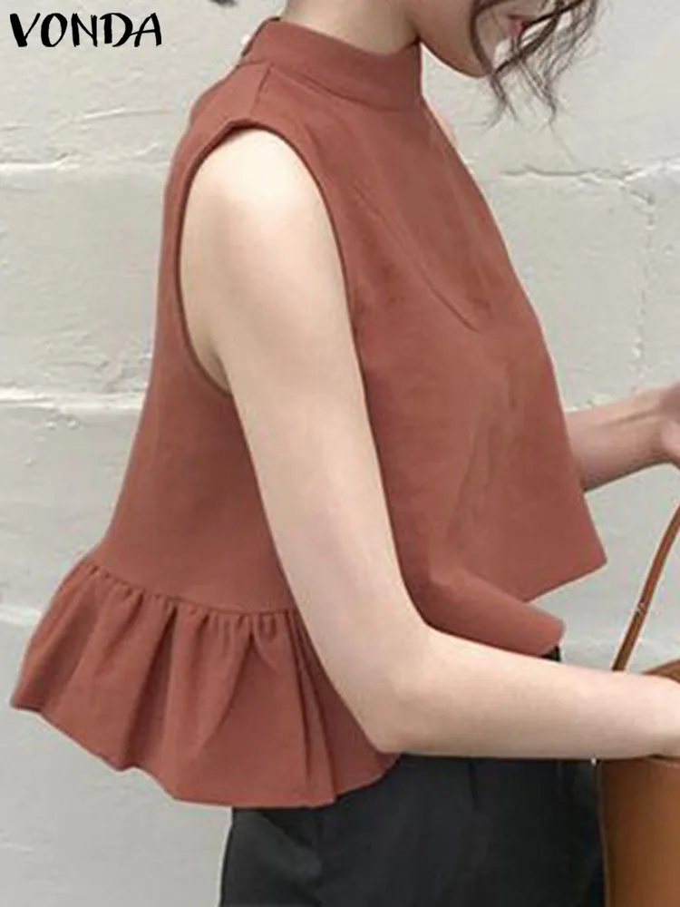 

Plus Size 5XL VONDA Women Tanks Tops Sexy Sleeveless Tees 2025 Summer Ruffled Tunic Casual Stand Collar Loose Solid Color Shirts