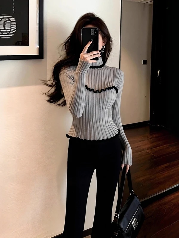 

Элегантный вязаный свитер для женщин, приталенный, роскошный, средней длины, повседневный, для ношения под одеждой, с высоким круглым вырезом