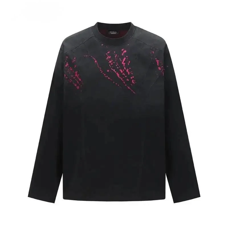 Splash Ink Print Men Long Sleeve T-shirt Crew Neck Niche American Style Street Fashion Tops Autumn New Pullovers FGR6