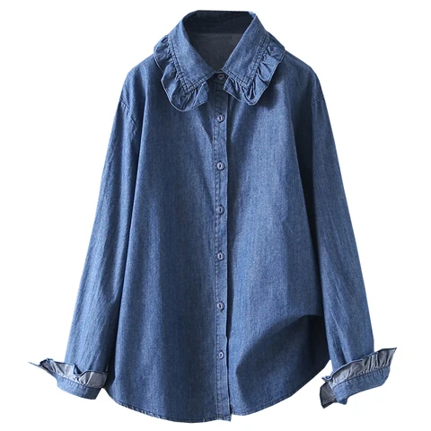 قميص دينيم نسائي بأكمام طويلة لفصلي الربيع والخريف، مقاس كبير، ياقة مطوية، أزرار أمامية، طبقة أساسية، قميص عصري، توب أنيق من ...
