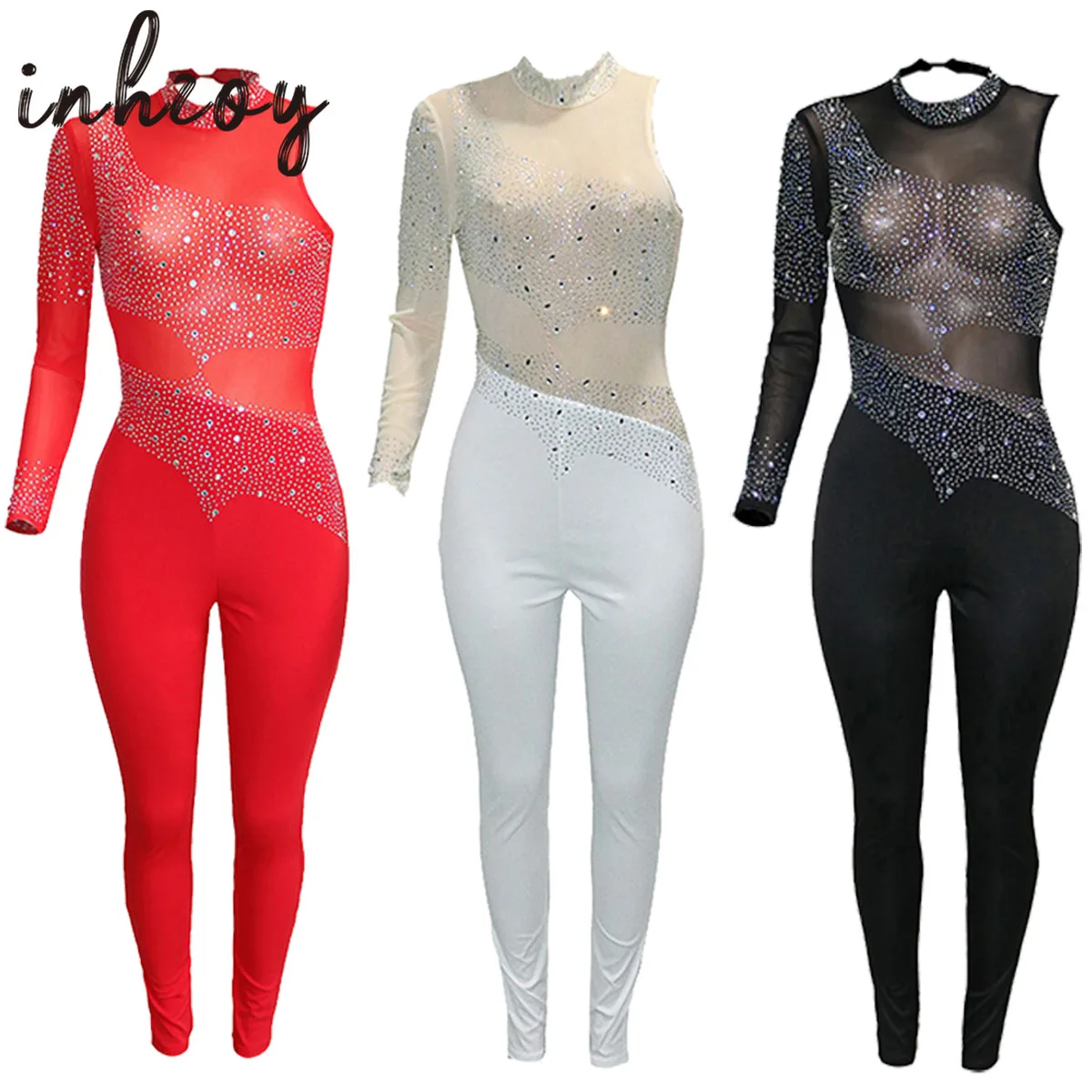 

Rhinestone Sheer Mesh Bodysuit Jumpsuits Womens Sparkling One Sleeve Gymnastics Leotard Pole Dancing Rave Party Clubwear