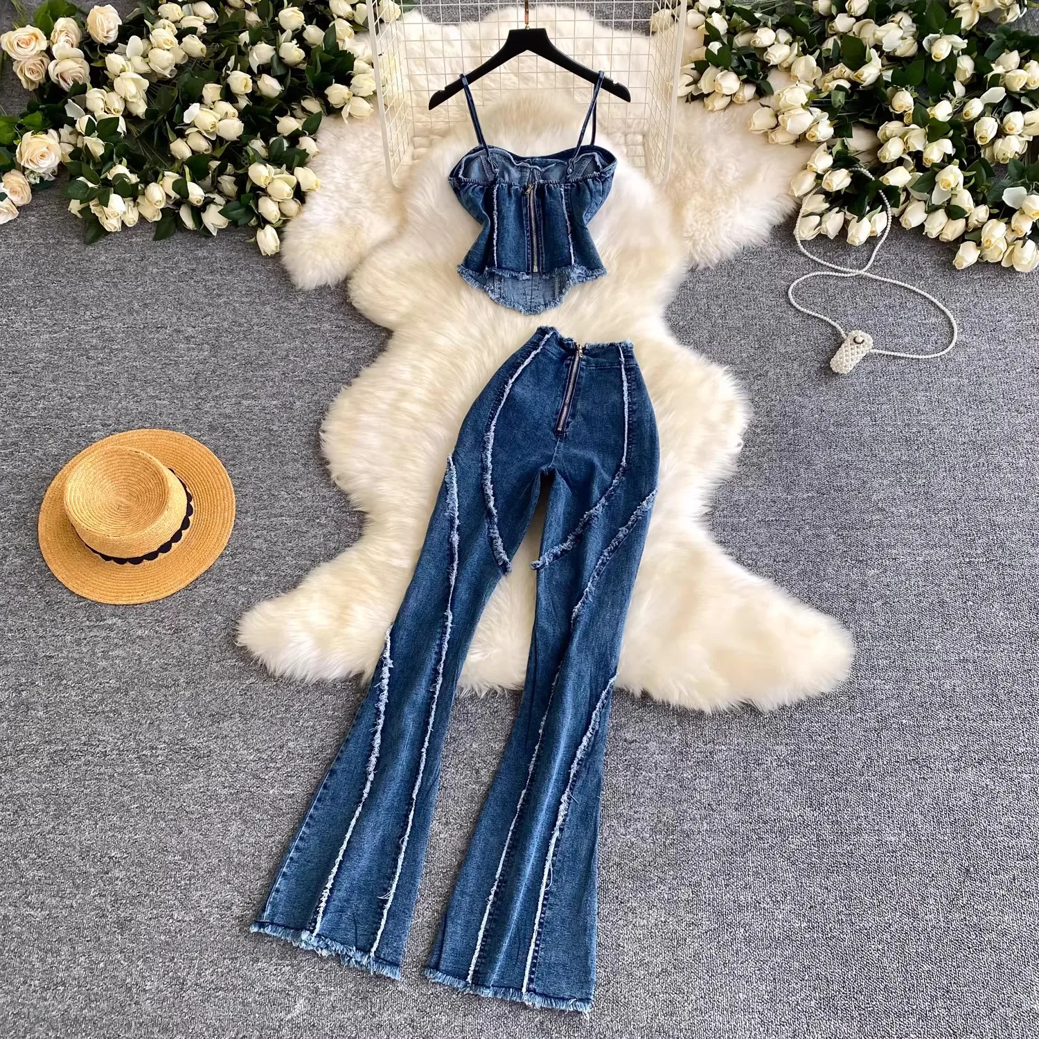 

Women's 2026 Jean Pants Set Sexy High Waist Denim Vest Top with Bell-Bottom Trousers Two-Piece Youth Girl's Suit
