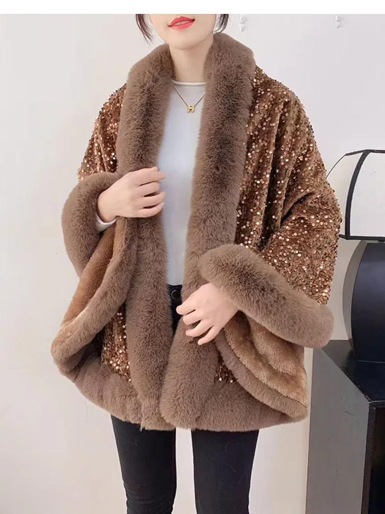 ZADORIN Fashion Sequins Long Furry Warm Faux Fur Coat Woman Autumn Winter Fur Cape Ponch Wedding Party Fur Shawl Cloak Cardigans
