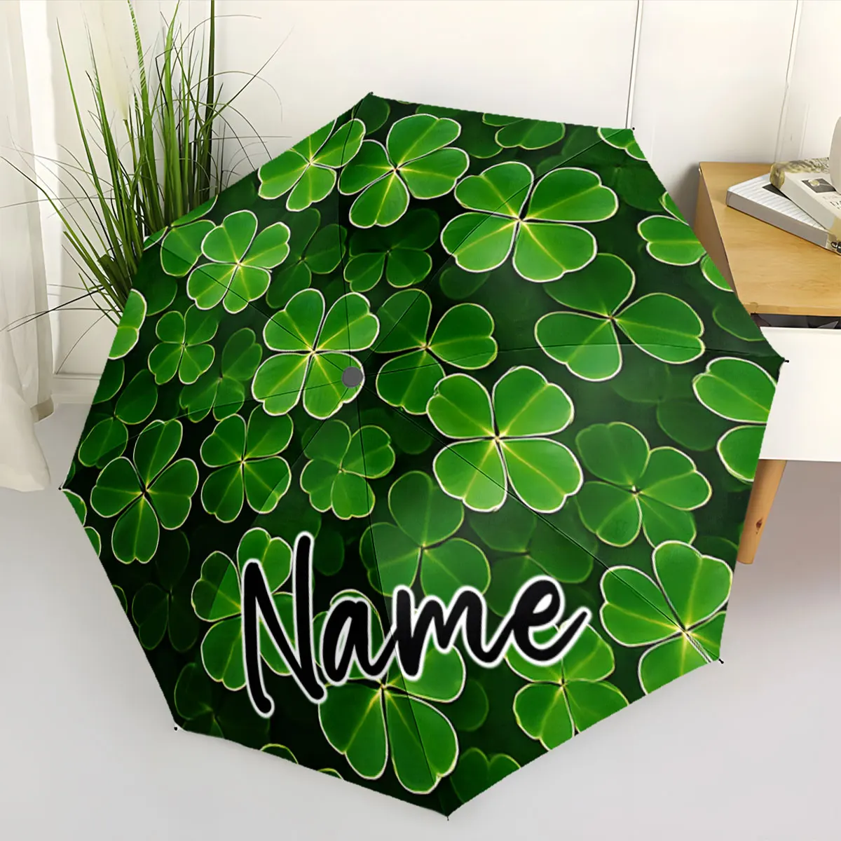 Custom Name Lucky Clover Umbrella with Personalized Design Print 8 Iron Ribs Folding Umbrella Auto-Open Fashion Sunshade