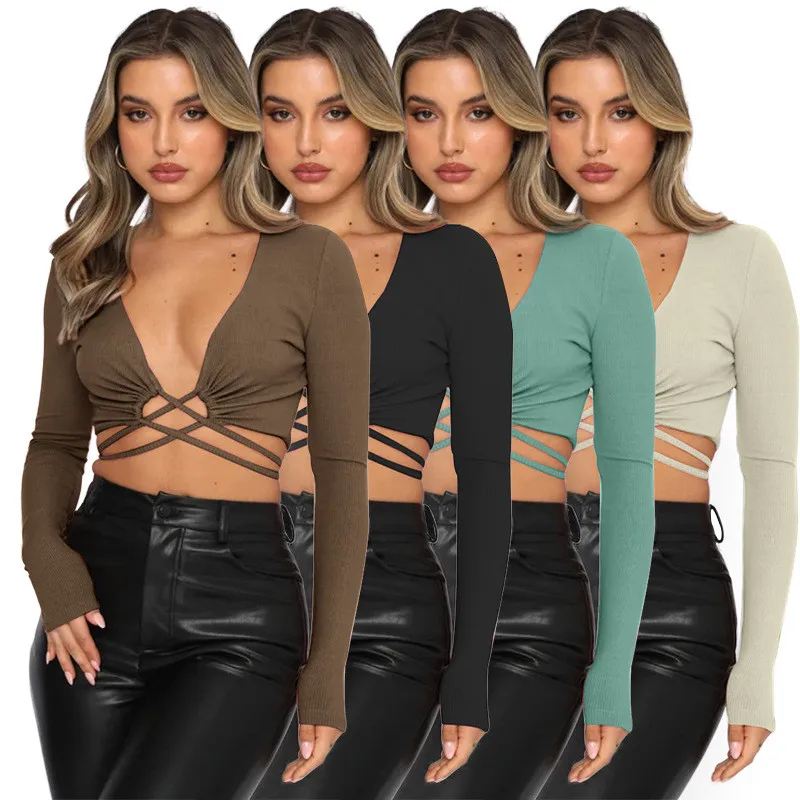 T-Shirt Skinny scollo a V profondo per donna Sexy Lace Up lavorato a maglia cachi Crop Top New Fashion Summer manica lunga Casual Bandage Y2K Shirt