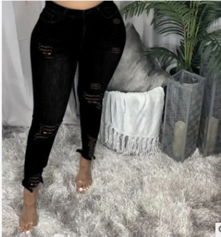 Pantaloni a matita in denim Jeans da donna con foro strappato a vita alta lavato effetto consumato Pantaloni skinny alla caviglia vintage Streetwear