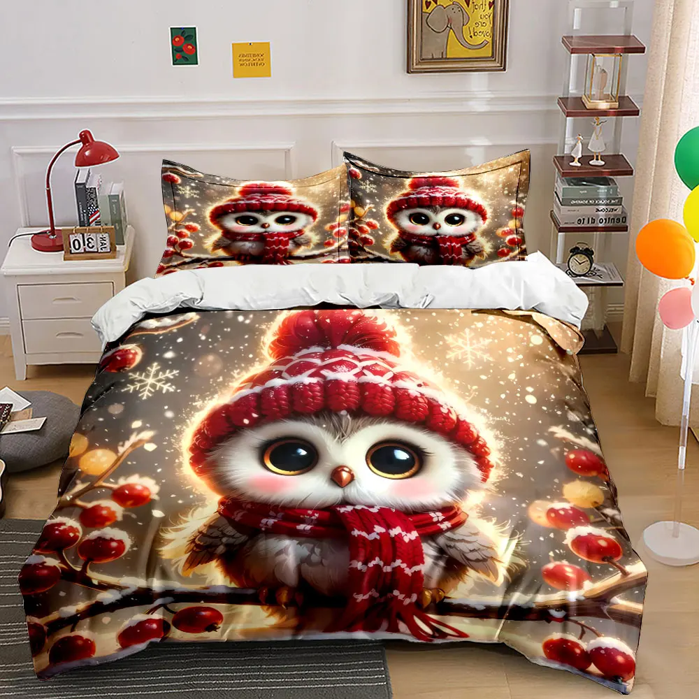 Adorable Fluffy Owl in Winter Warmth Print Duvet Cover Bedding Set Included 1*Duvet Cover 2*Pillowcases Luxury gifts
