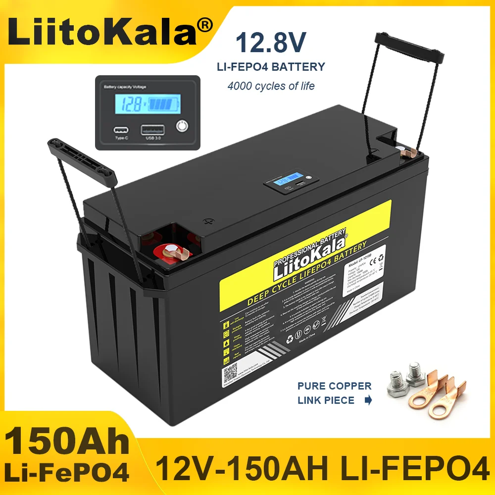 Akumulator LiitoKala 12.8V 150AH LiFePO4 12V fosforan litowo-żelazowy baterie zasilane przez USB 3.0 samochodów turystycznych bez podatku od wiatru