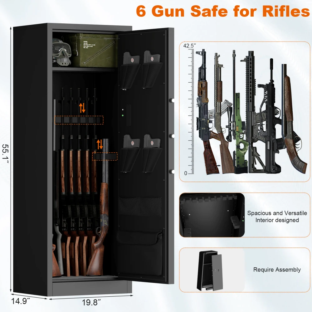 Aço grande à prova de fogo e à prova d'água seguro para armas, suporte para armazenamento classificado de vários tipos de armas de fogo, equipado com