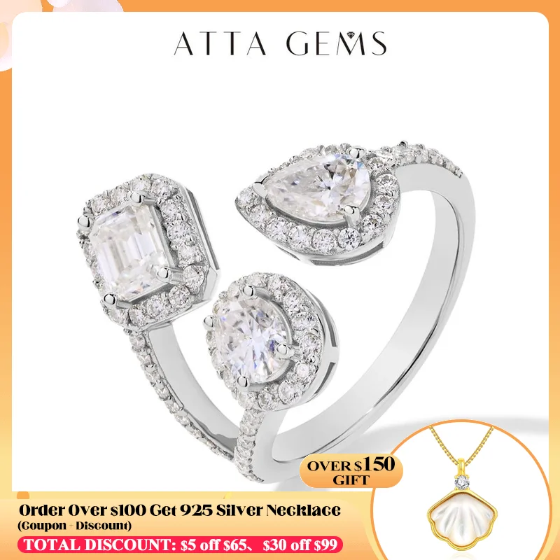 

ATTAGEMS 1.85CTW Oval Pear Emerald Cut Lab Moissanite Diamond Rings for Women Solid 925 Sterling Silver Adjustable Fine Jewelry