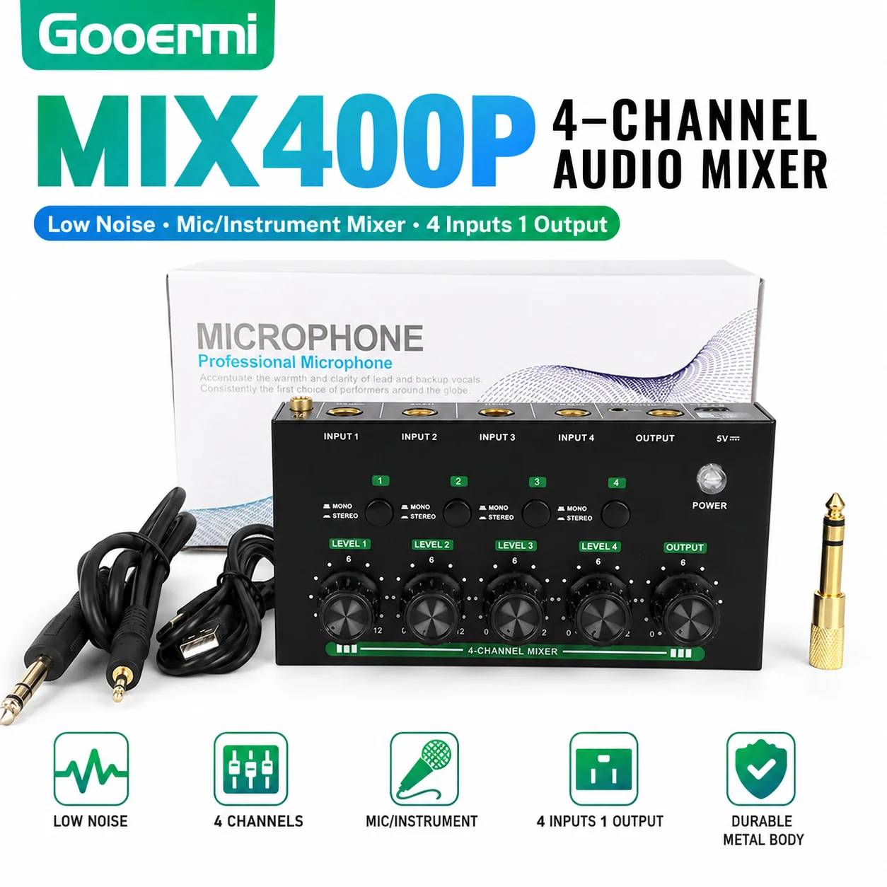 GOOERMI MIX400P 4 Channel Audio Mixer Low Noise Microphone Instrument Mixer 4 In 1 Out Audio Signal Distributor Expander
