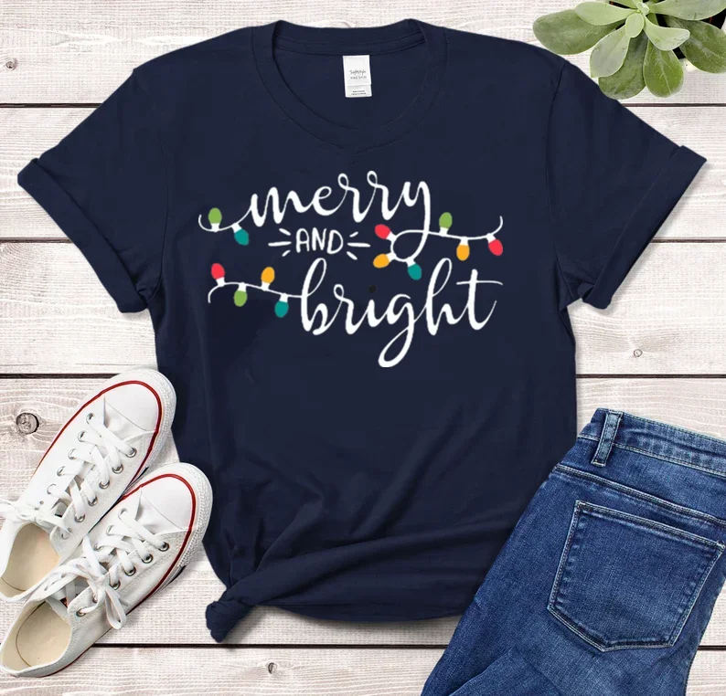 Merry & Bright Christmas Shirt Women Lights Merry and Bright Winter Short Sleeve Top Tees 100% Cotton Streetwear Harajuku goth