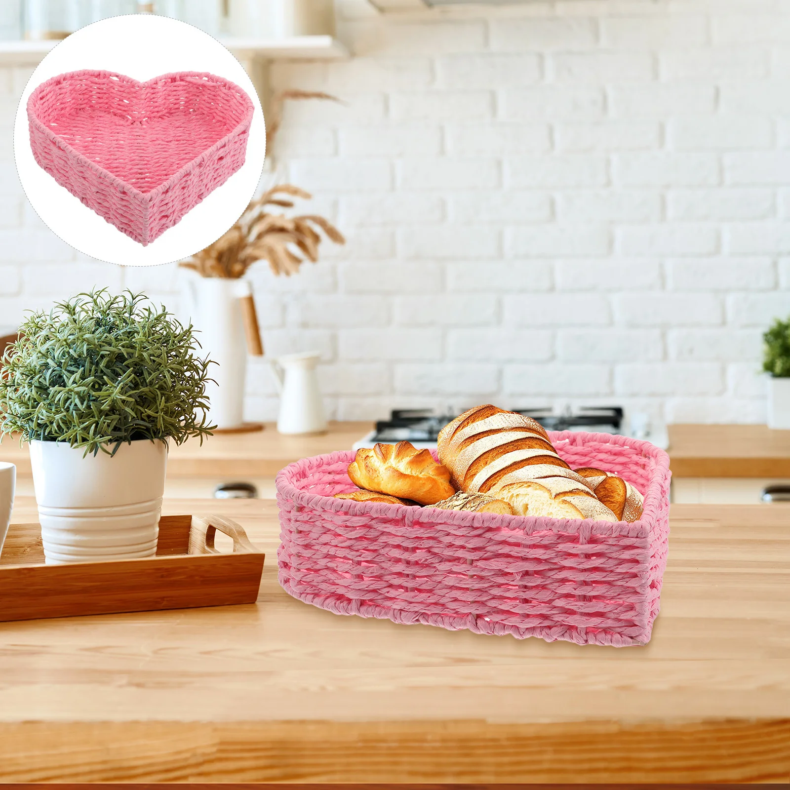 

Woven Storage Basket Heart Shaped Paper Rope Bread Fruit Tray Kitchen Organizer Sundries Holder Valentine Gift