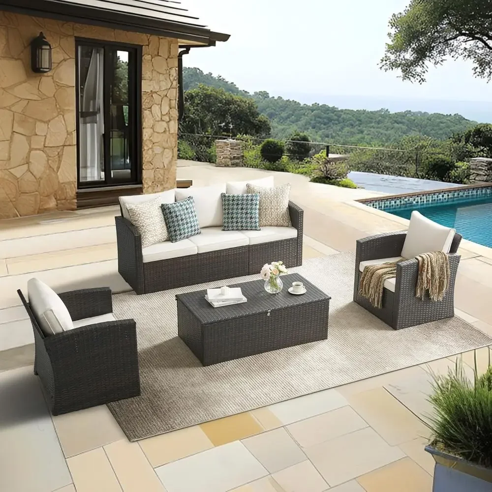 4 Pieces Wicker Patio Contion Set,PE Rattan Sectional Soa with Storage Coee Table, Outdoor urniture Sets or Porch, Poolside, Gar