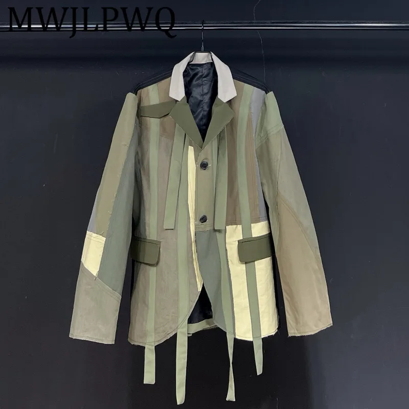 

MWJLPWQ Lace Up Design 2025 Patchwork Green Casual Blazer Long Sleeve Men's High Street Lapel Single Breasted Fashion Tops 11801